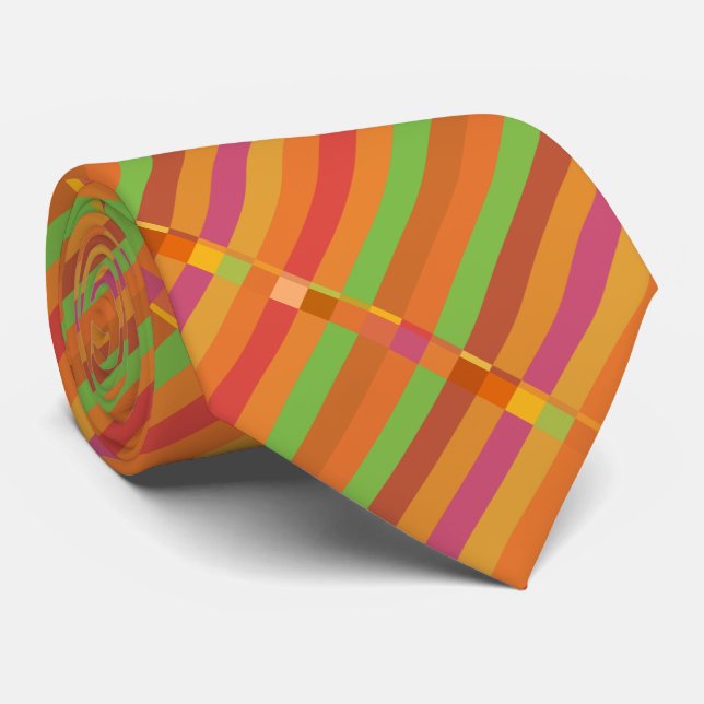 Mod Orange and Green Stripes and Squares Tie (Rolled)