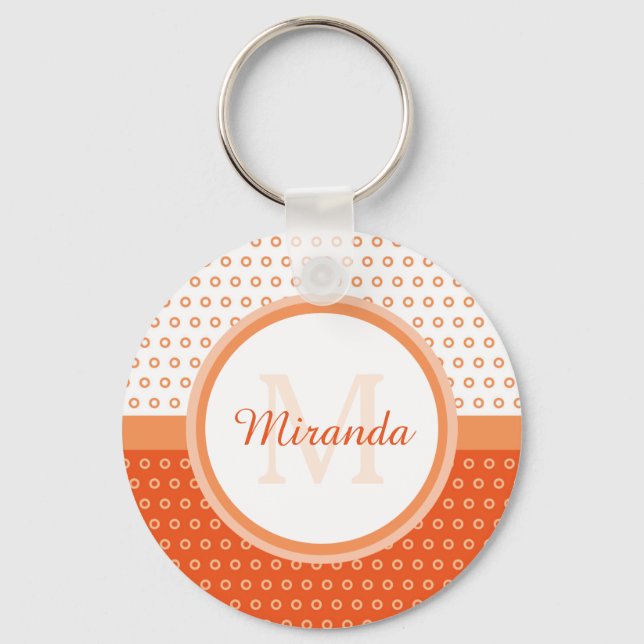 Mod Orange and White Polka Dots Monogram With Name Keychain (Front)
