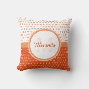 Mod Orange and White Polka Dots Monogram With Name Throw Pillow