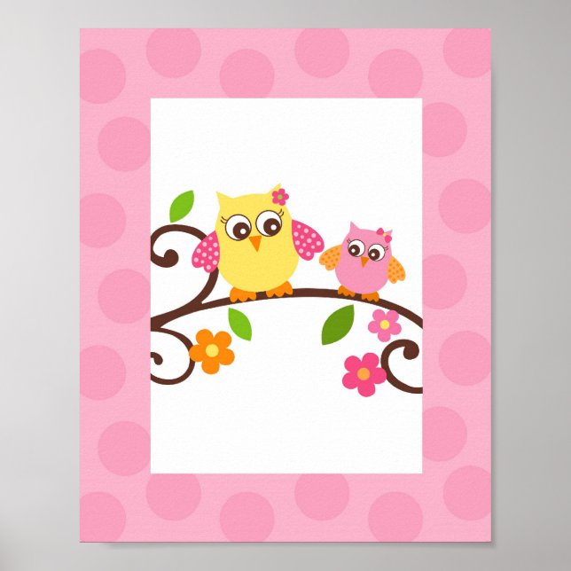 Mod Owl Flower Girls Nursery Wall Art Print (Front)