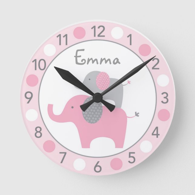 Mod Pink Elephant Personalized Nursery Wall Clock (Front)