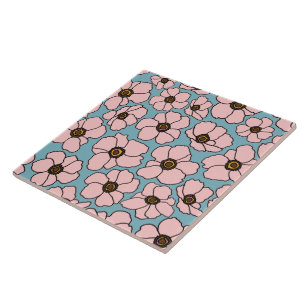 Mod Pink Flowers On Blue Tile