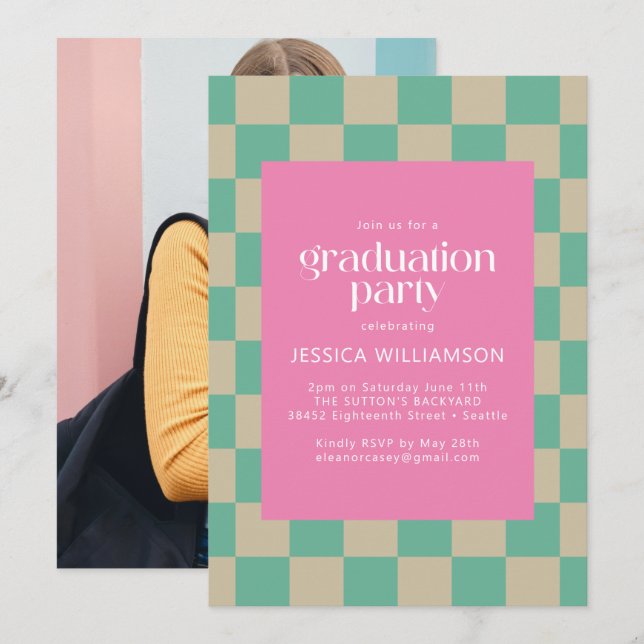 Mod Pink Mint Green Check Photo Graduation Party Invitation (Front/Back)