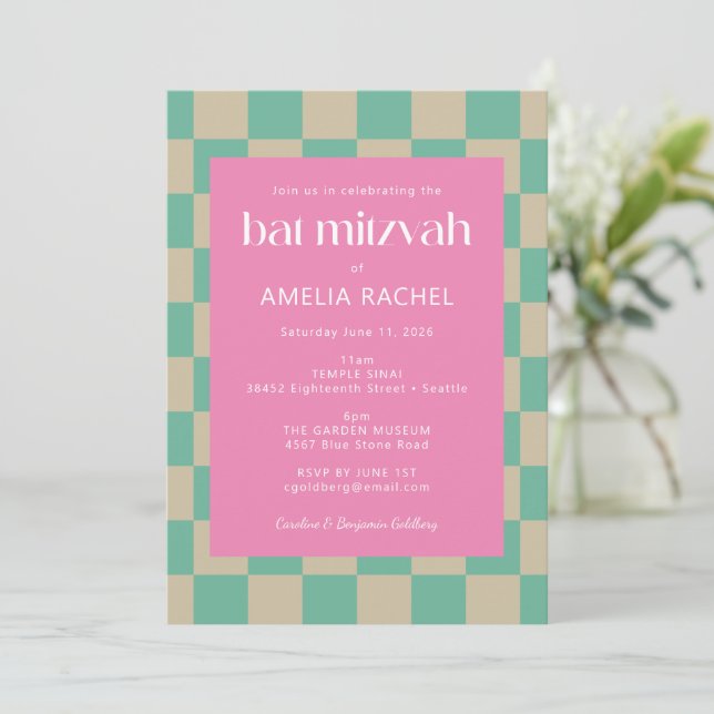 Mod Pink Mint Green Chequerboard Bat Mitzvah RSVP Invitation (Standing Front)