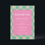 Mod Pink Mint Green Chequerboard Bat Mitzvah RSVP Invitation<br><div class="desc">Mod Pink Mint Green Chequerboard Bat Mitzvah Invitation with RSVP details</div>