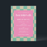 Mod Pink Mint Green Chequerboard Bat Mitzvah RSVP Invitation<br><div class="desc">Mod Pink Mint Green Chequerboard Bat Mitzvah Invitation with RSVP details</div>