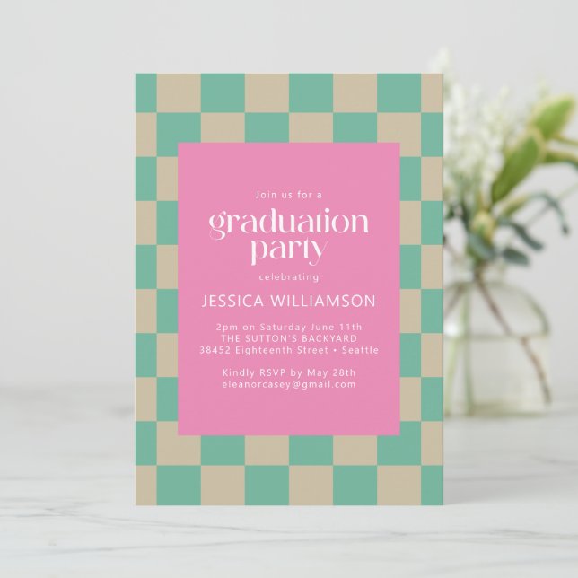 Mod Pink Mint Green Chequerboard Graduation Party Invitation (Standing Front)