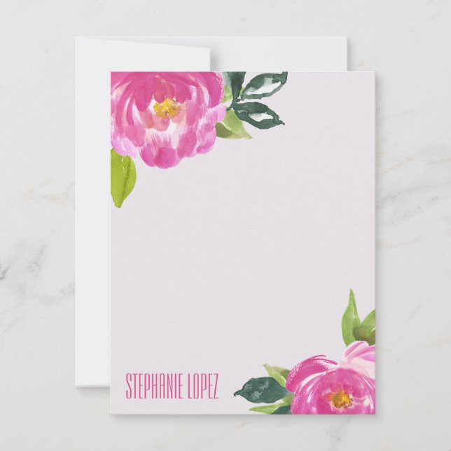 Mod Pink Peonies  Personalized Stationery Card (Front)