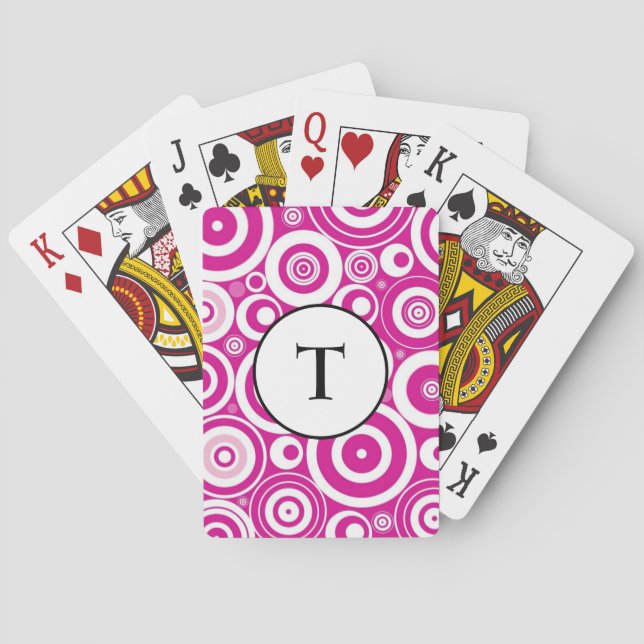 Mod Pink & White Concentric Retro Circles Initial Playing Cards (Back)
