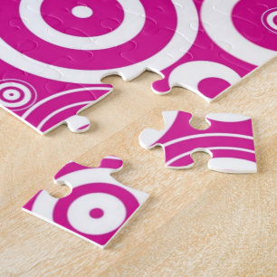Mod Pink & White Concentric Retro Circles Jigsaw Puzzle