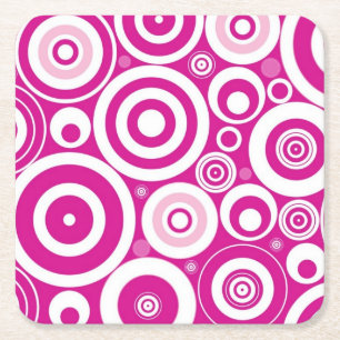 Mod Pink & White Concentric Retro Circles Square Paper Coaster