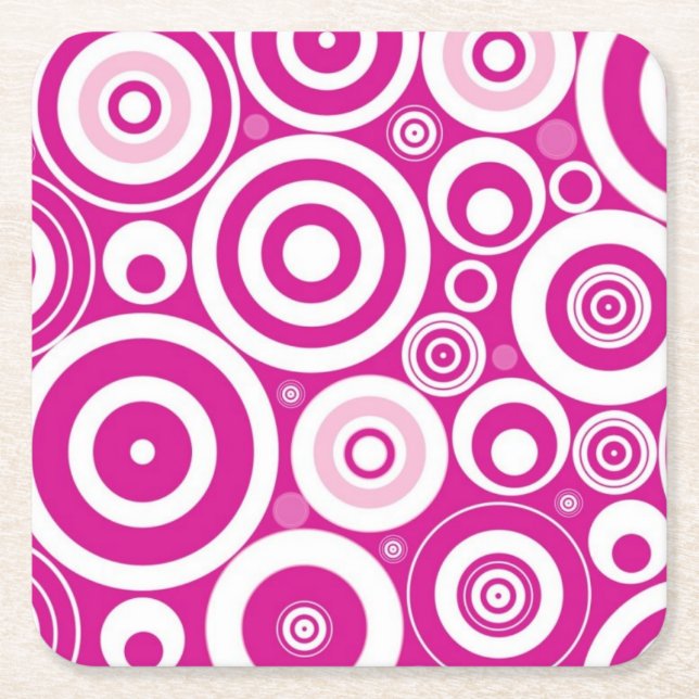 Mod Pink & White Concentric Retro Circles Square Paper Coaster (Front)