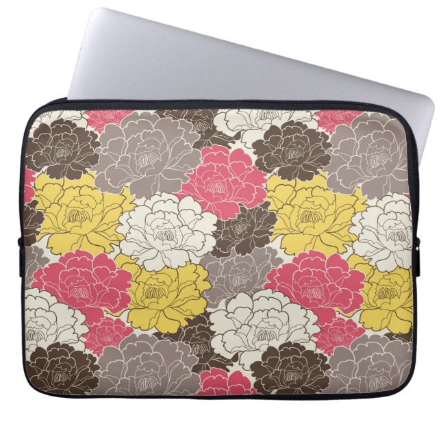 Mod Pink Yellow Brown Flowers Floral Laptop Sleeve (Front)
