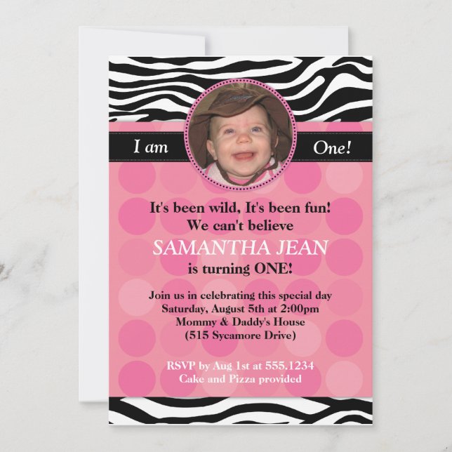 Mod Pink Zebra PHOTO Birthday Invitation (Front)