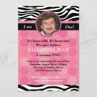 Mod Pink Zebra PHOTO Birthday Invitation