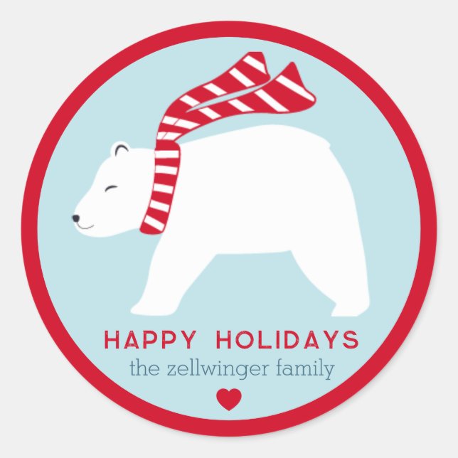 mod polar bears- ice blue- round holiday stickers (Front)