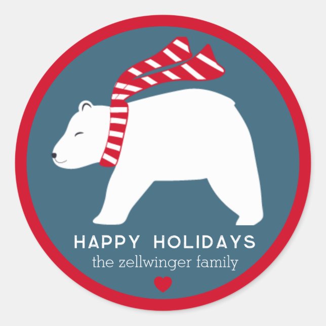 mod polar bears- navy blue- round holiday stickers (Front)