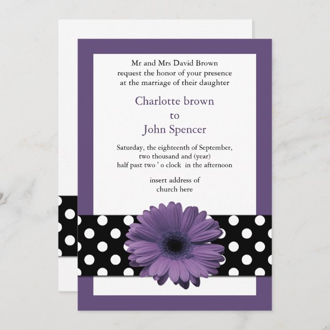 mod polka dots violet gerbera daisy invitation (Front/Back)