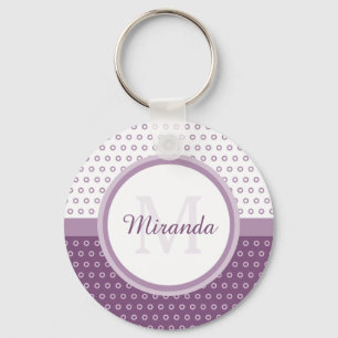 Mod Purple and White Polka Dots Monogram With Name Keychain