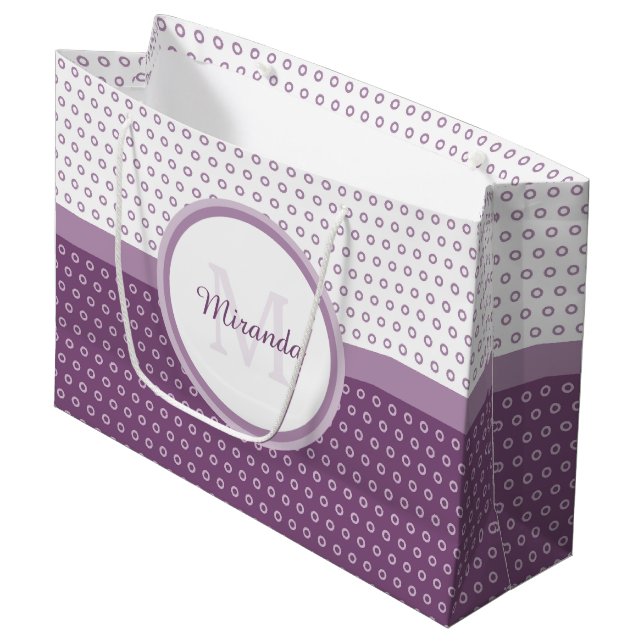 Mod Purple and White Polka Dots Monogram With Name Large Gift Bag (Front Angled)