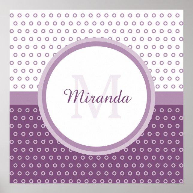 Mod Purple and White Polka Dots Monogram With Name Poster (Front)