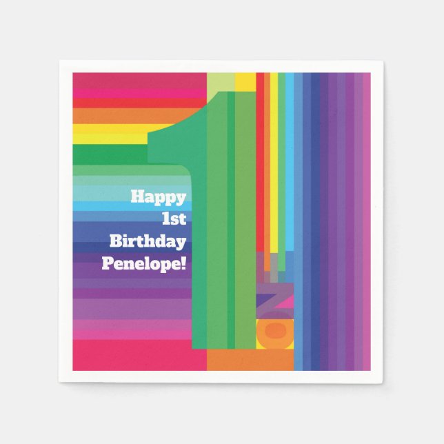 Mod Rainbow Colourful 1st Birthday Party Napkin (Front)