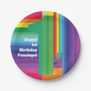 Mod Rainbow Colourful 1st Birthday Party Paper Plate