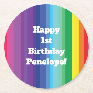 Mod Rainbow Colourful 1st Birthday Party Round Paper Coaster