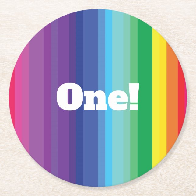 Mod Rainbow Colourful 1st Birthday Party Round Paper Coaster (Front)