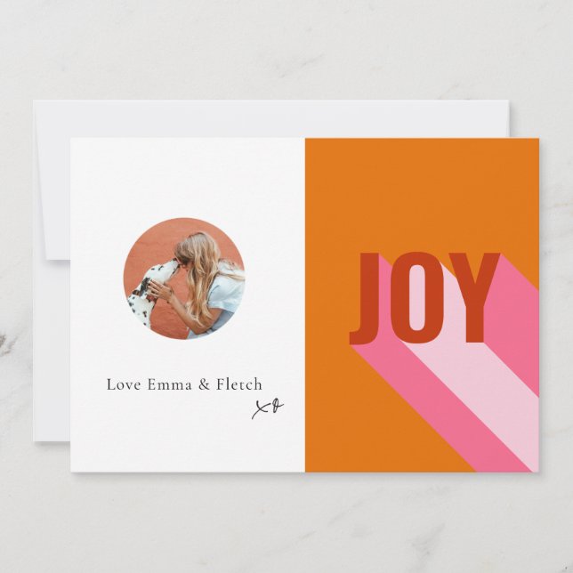 Mod Retro Bright Colourful Pink Orange Joy Photo Holiday Card (Front)