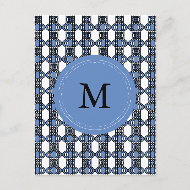 Mod Retro Monogram Blue Abstract Scarab Pattern Postcard (Front)