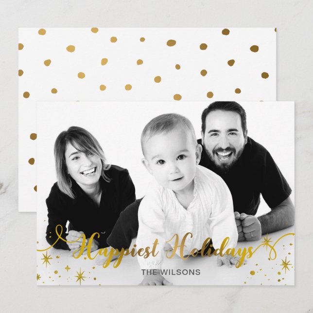 Mod Script Handwritten Gold Photo Holiday Card (Front/Back)