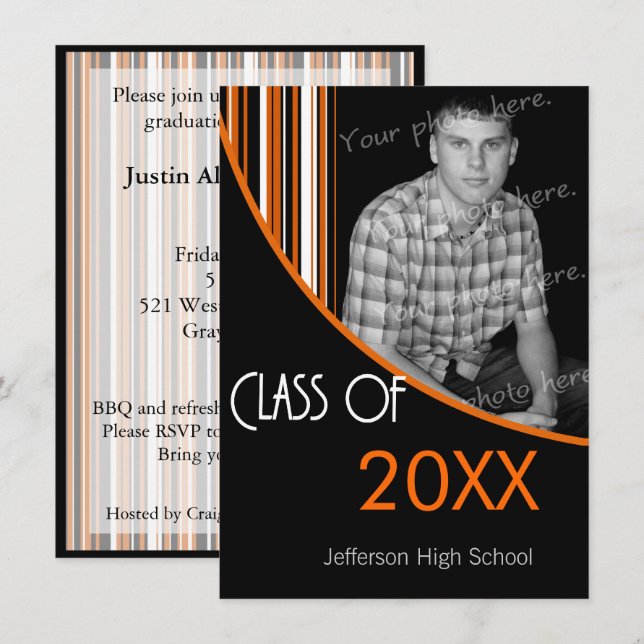 Mod Stripes Graduation Party Invite Orange & Black (Front/Back)