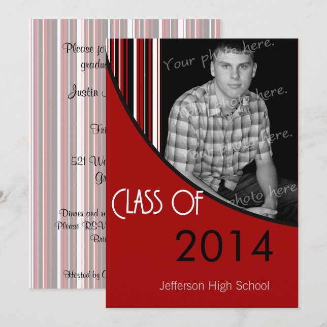 Mod Stripes Graduation Party Invite  red & black (Front/Back)