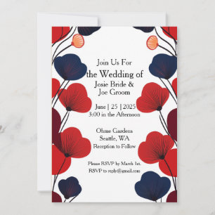 Mod style black red poppies wedding invitation