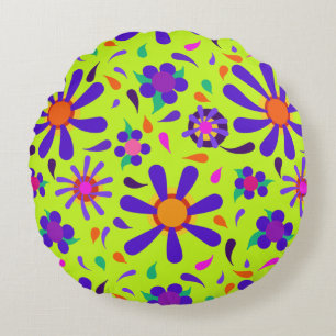 MOD Style Purple Flowers on Peridot Green Round Pillow