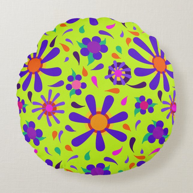 MOD Style Purple Flowers on Peridot Green  Round Pillow (Front)