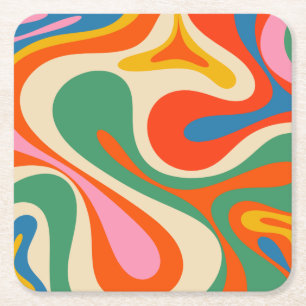 Mod Swirl Retro Trippy Colourful Abstract Pattern  Square Paper Coaster