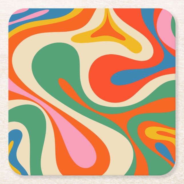 Mod Swirl Retro Trippy Colourful Abstract Pattern  Square Paper Coaster (Front)