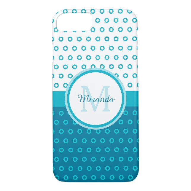 Mod Turquoise Blue Polka Dots Monogram With Name Case-Mate iPhone Case (Back)