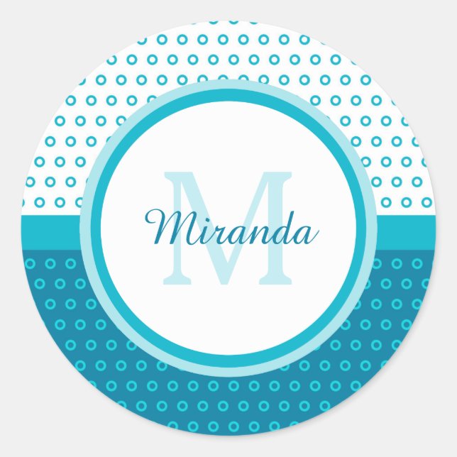 Mod Turquoise Blue Polka Dots Monogram With Name Classic Round Sticker (Front)