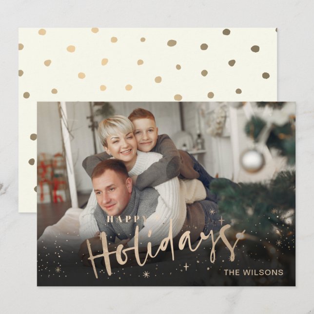 Mod Typography Rose Gold Personalized Photo Holiday Card (Front/Back)