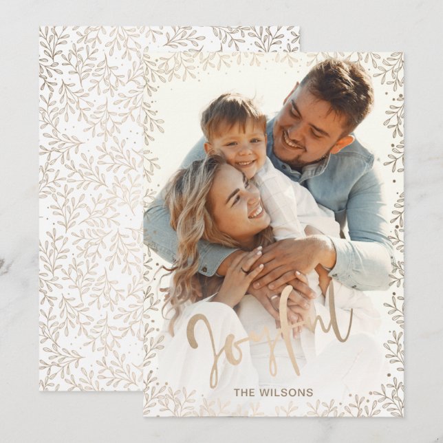 Mod Typography Simple Joyful Rose Gold Photo Holiday Card (Front/Back)