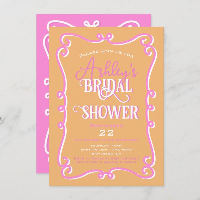 Mod Wavy Doodle Pink Orange Bridal Shower Invitation (Front/Back)