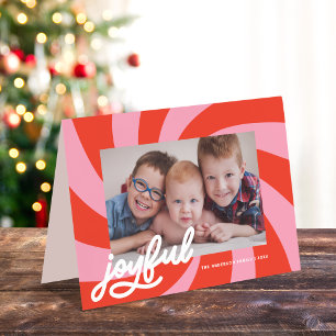 Mod Wavy Retro Christmas Red Pink Photo Holiday Card