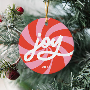 Mod Wavy Retro Pink Red Christmas Photo Holiday Ceramic Ornament