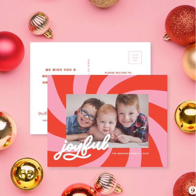 Mod Wavy Retro Pink Red Christmas Photo Holiday Postcard (Creator Uploaded)