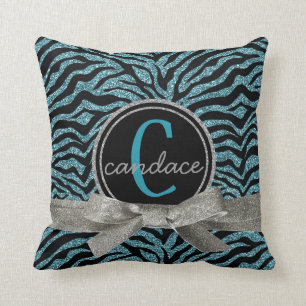 Mod Wild Zebra Black and Blue Monogram Throw Pillow