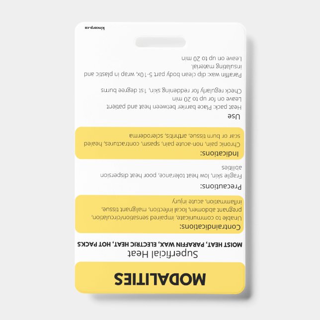 Modalities (Hot/Cold) Badge Card Reference  (Front)