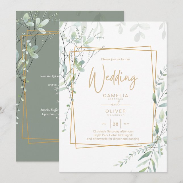 Modeern Greenery Wedding QR Code RSVP Invitation (Front/Back)